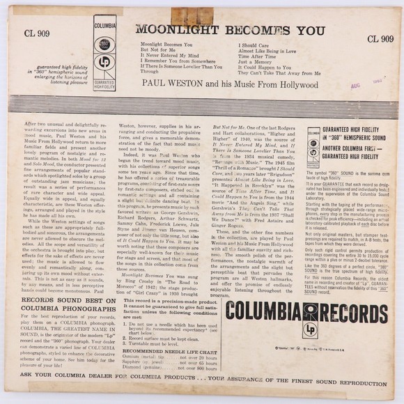 Paul Weston Hollywood Music Moonlight Becomes You 1956 Mono 12" LP Record CL 909 - Picture 3 of 16